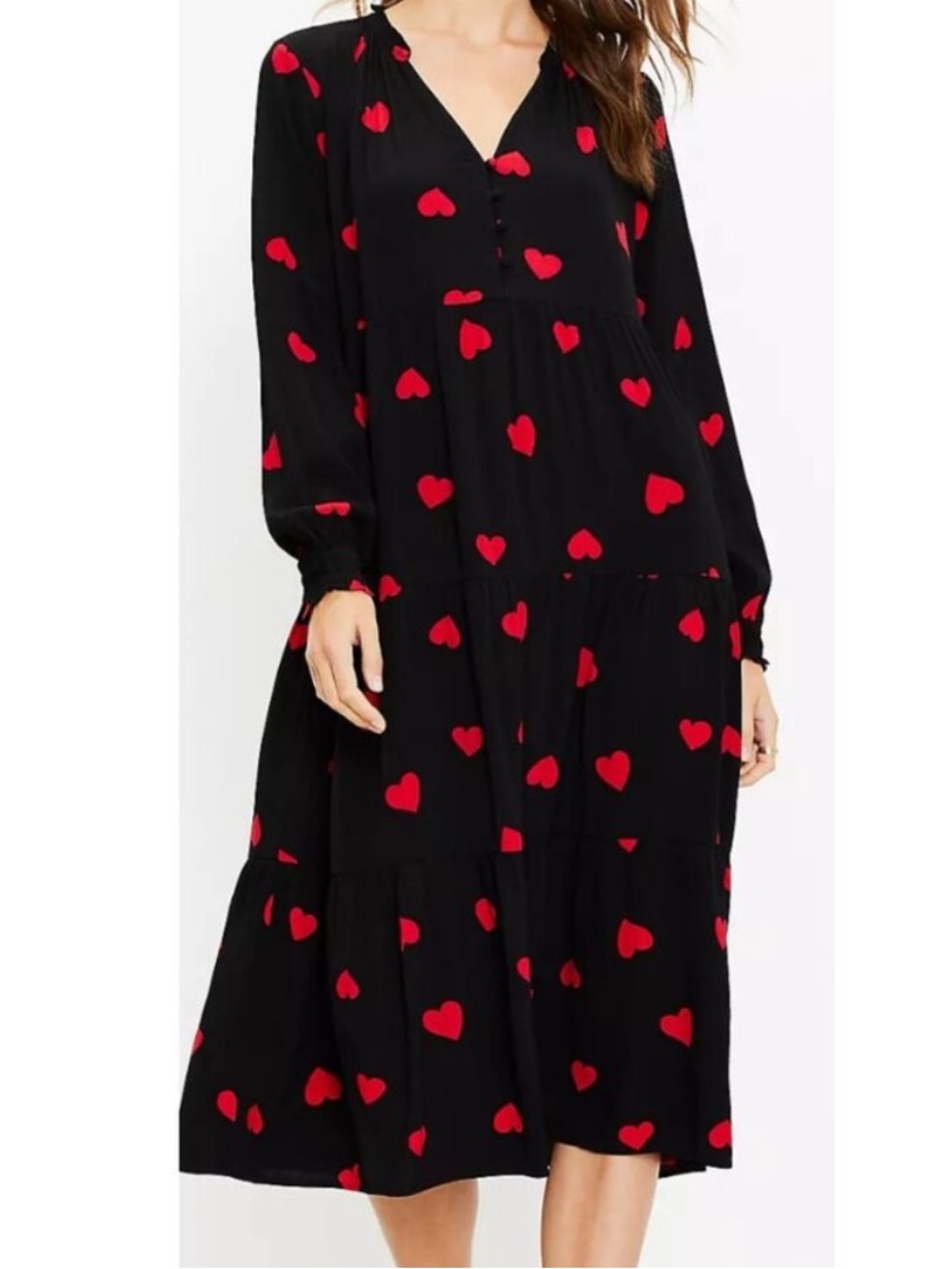 Loft Womens All Over Heart Print Tiered Whimsical Fairy Midi Dress, Size XSP